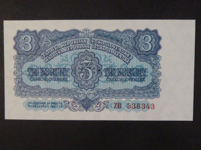 3 Kčs 1953 série ZB, tiskárna Goznak Moskva, perf. 3md do obloučku