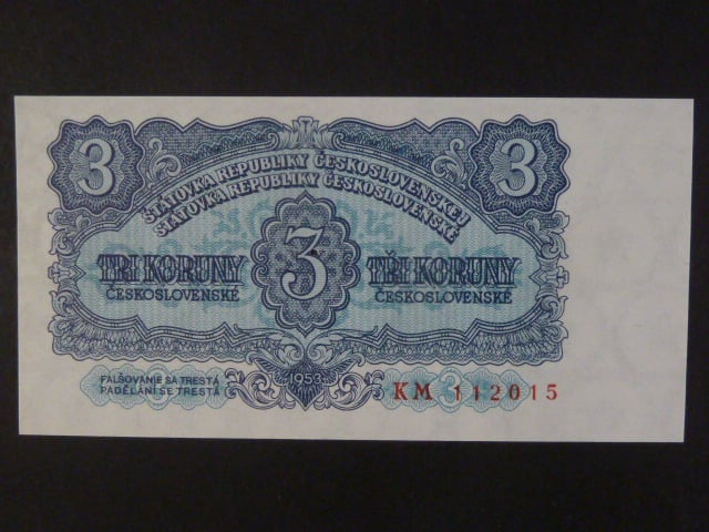 3 Kčs 1953 série KM, tiskárna STC Praha, perf. 3md do obloučku