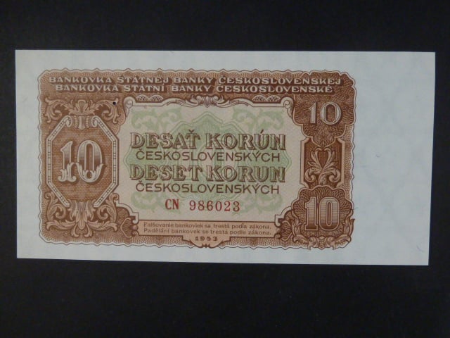 10 Kčs 1953 série CN, tiskárna Goznak Moskva, perf. 3md do obloučku