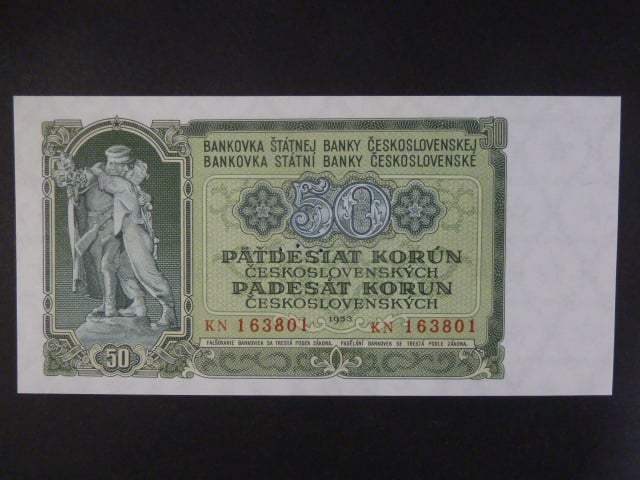 50 Kčs 1953 série KN, tiskárna STC Praha, perf. 3md do obloučku