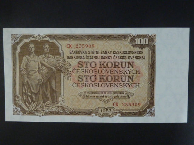 100 Kčs 1953 série CK, tiskárna Goznak Moskva, perf. 3md do obloučku