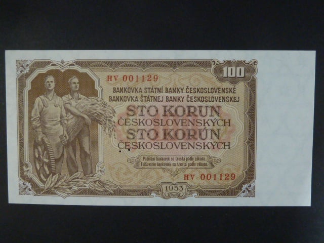 100 Kčs 1953 série HV, tiskárna STC Praha, perf. 3md do obloučku