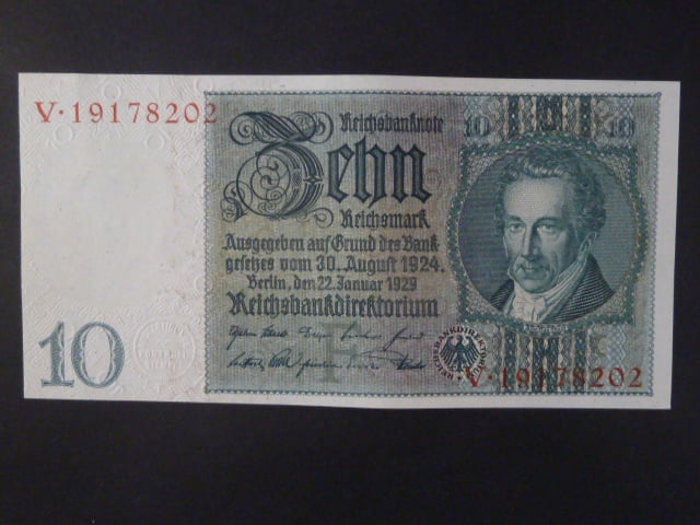 Německo, 10 RM 1929 série V, mírové vydání, podtiskové písmeno F, Ba. D2b