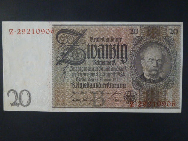 Německo, 20 RM 1929 série Z, mírové vydání, podtiskové písmeno B, Ba. D3b