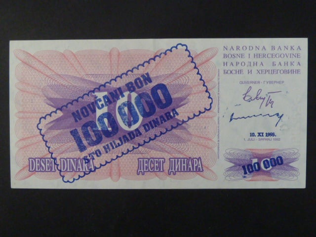100.000 dinara on 10 Dinara 10.XI.1993, BNB. B134b, Pi. 34