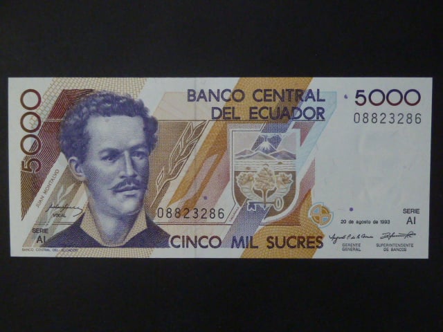 EKVÁDOR, 5000 Sucres 1993, Pi. 128a