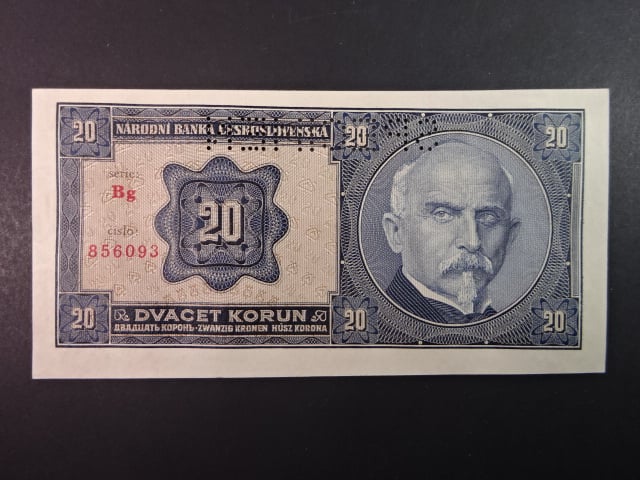 20 Kč 1926 série Bg, perf. SPECIMEN z líce