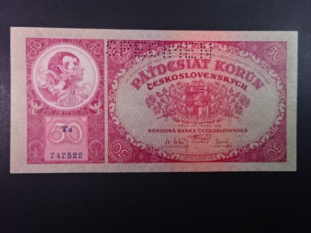 50 Kč 1.10.1929 série Ta, perf. SPECIMEN