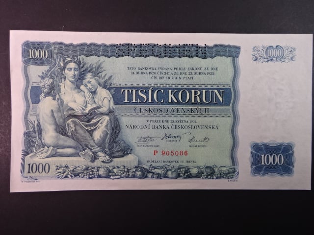 1000 Kč 1934 série P, 1x perf. SPECIMEN
