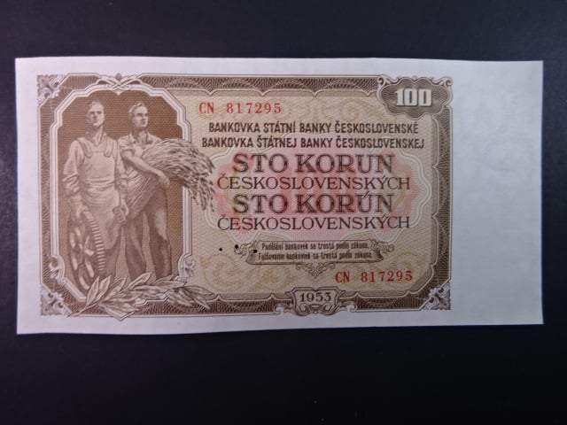 100 Kčs 1953 série CN, tiskárna Goznak Moskva, perf. 3md do obloučku