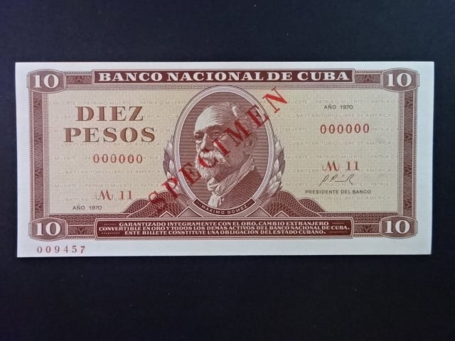KUBA, 10 Pesos 1970 anulát s přeriskem SPECIMEN, BNB. B826ds, Pi. 104