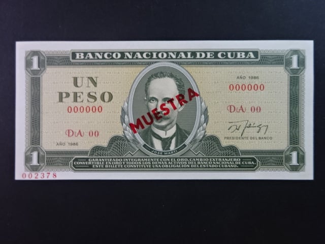 KUBA, 1 Peso 1986 anulát s přetiskem MUESTRA, BNB. B823ls, Pi. 102