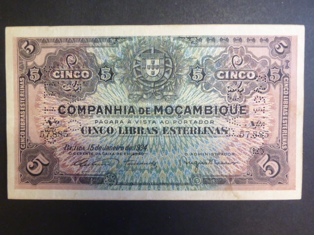 MOZAMBIK, Companhia de Mocambique Beira, 5 Libras 15.11.1934 perforovaná, Pi. SR32