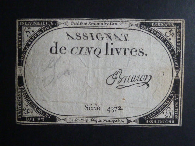 5 Livres 1793 podpis Bruron, BNB. B713, Pi. A76