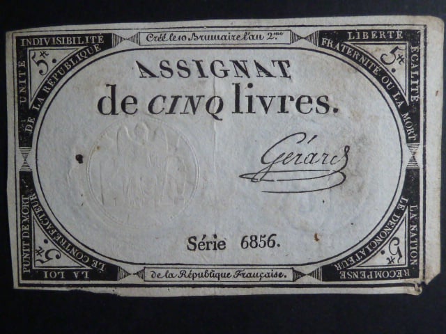 5 Livres 1793 podpis Gerard, BNB. B713, Pi. A76