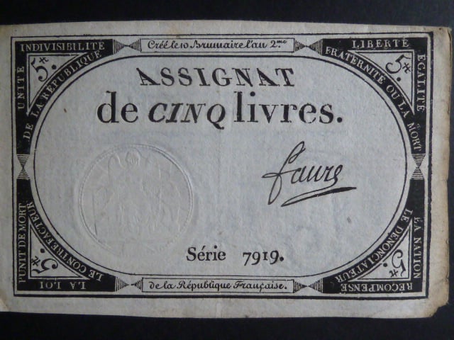 5 Livres 1793 podpis Faure, BNB. B713, Pi. A76