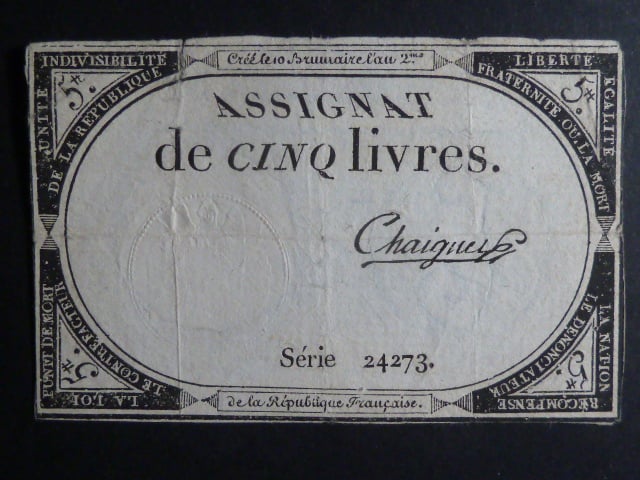 5 Livres 1793 podpis Chaignet, BNB. B713, Pi. A76