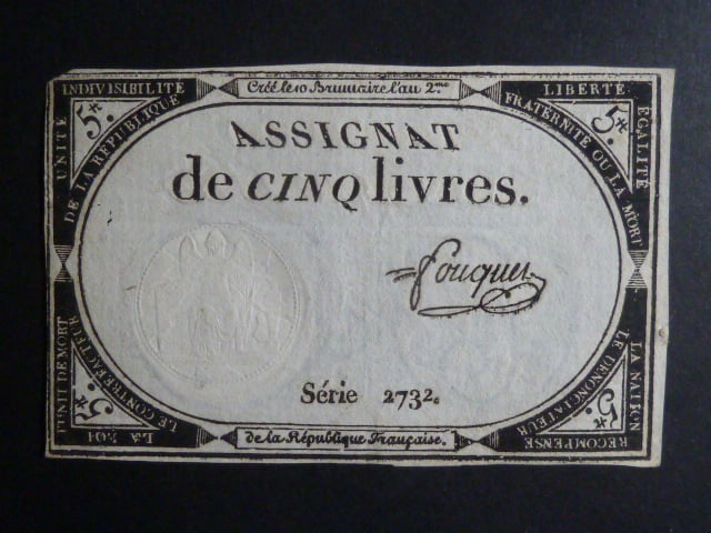 5 Livres 1793 podpis Fouquet, BNB. B713, Pi. A76