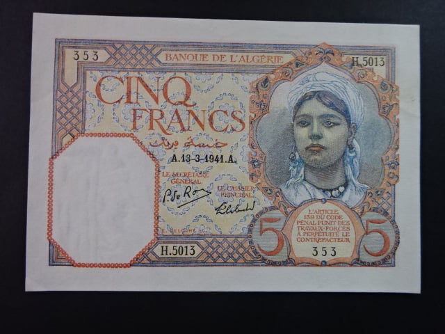 ALŽÍR, 5 Francs 13-3-1941, BNB. B123d, Pi. 77b