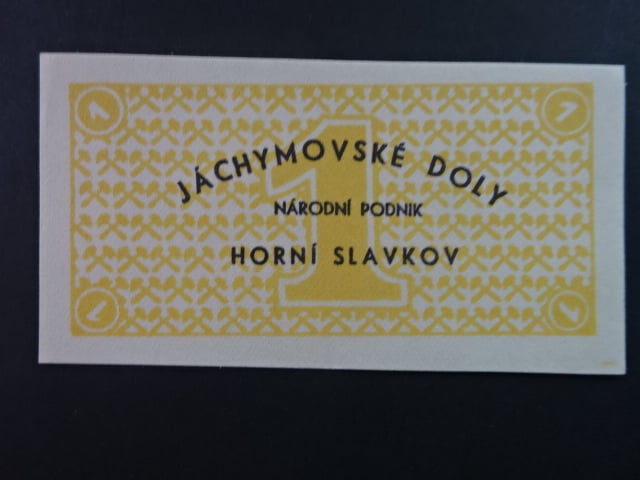 Jáchymovské doly n.p. Horní Slavkov, poukázka 1 K b.d. v žluté barvě