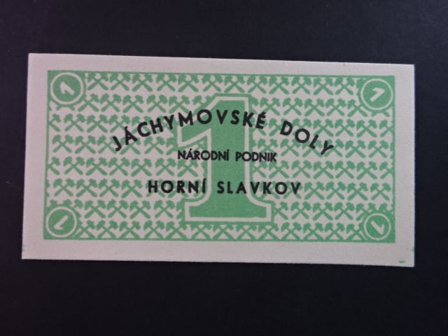 Jáchymovské doly n.p. Horní Slavkov, poukázka 1 K b.d. v zelené barvě