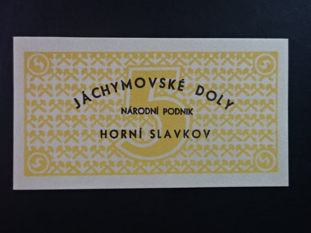 Jáchymovské doly n.p. Horní Slavkov, poukázka 5 K b.d. v žluté barvě