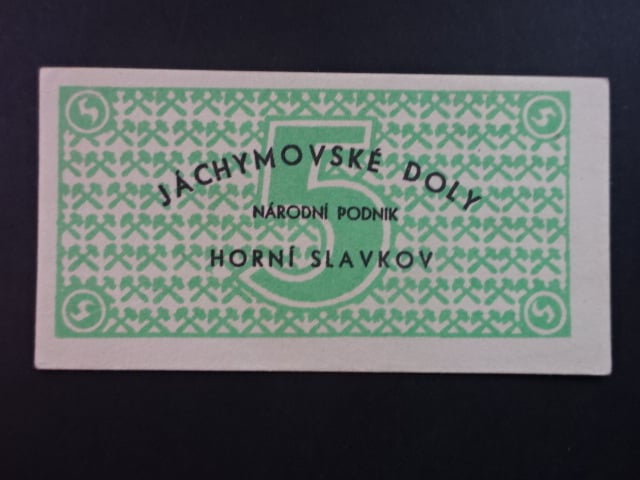 Jáchymovské doly n.p. Horní Slavkov, poukázka 5 K b.d. v zelené barvě