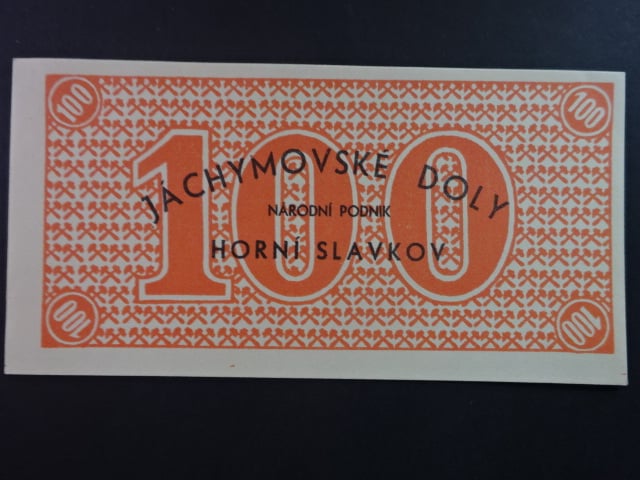 Jáchymovské doly n.p. Horní Slavkov, poukázka 100 K b.d. v červené barvě