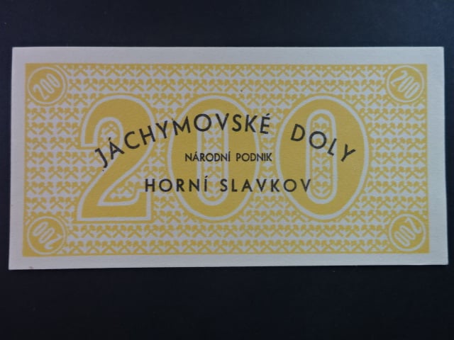 Jáchymovské doly n.p. Horní Slavkov, poukázka 200 K b.d. v žluté barvě