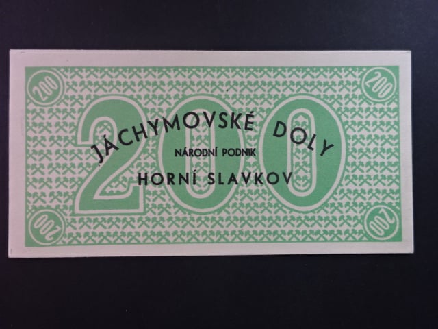 Jáchymovské doly n.p. Horní Slavkov, poukázka 200 K b.d. v zelené barvě