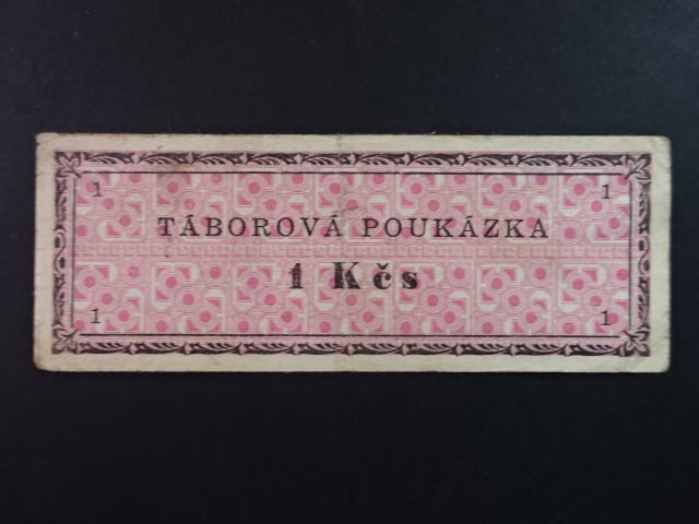 Táborová poukázka 1 Kčs série A Vězeňský ústav Ostrov u Karlových Varů včetně původního dopisu z vězení od majitele poukázky