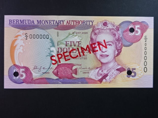 BERMUDY, 5 Dollars 2000 anulát s přetiskem SPECIMEN, BNB. B223as, Pi. 51