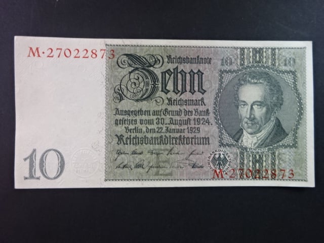 Německo, 10 RM 1929 série M, mírové vydání, podtiskové písmeno E, Ba. D2b