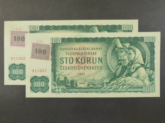 100 Kč 1961/1993 série Z 67, kolek, 2 ks s čísly po sobě