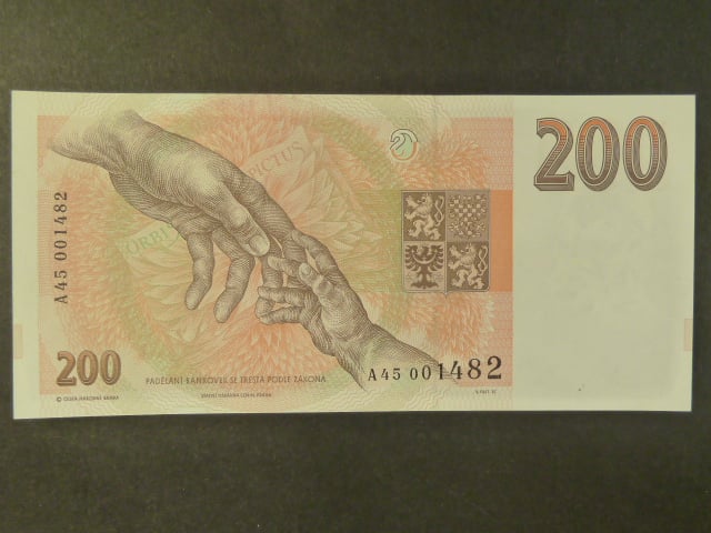 200 Kč 1993 série A 45 proužek Kčs, bílý papír