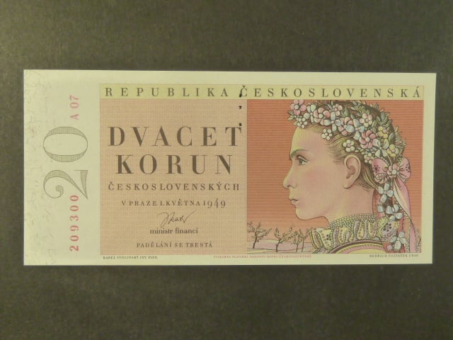 20 Kčs 1949, série A 07, perf. "3md" nad sebou