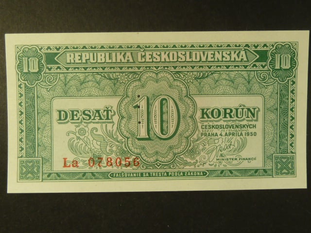 10 Kčs 4.4.1950 série La, perf. 3md nad sebou