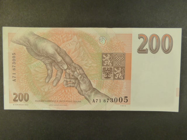 200 Kč 1993 série A 71 proužek Kčs, bílý papír