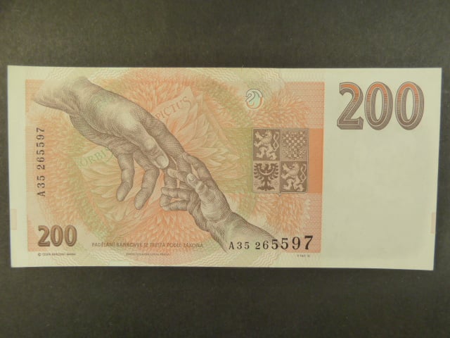 200 Kč 1993 série A 35 proužek Kčs, bílý papír