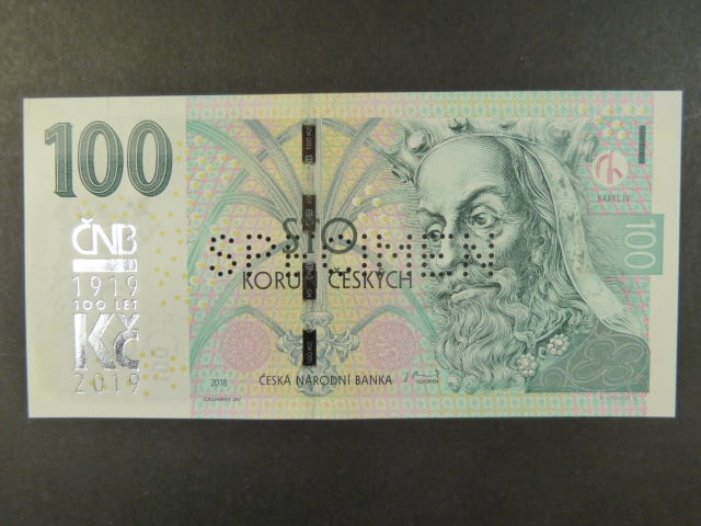 100 Kč 2019 série M 01 000075 s přítiskem ČNB 100 LET Kč 1919 - 2019 první série s vodorovnou perf. SPECIMEN