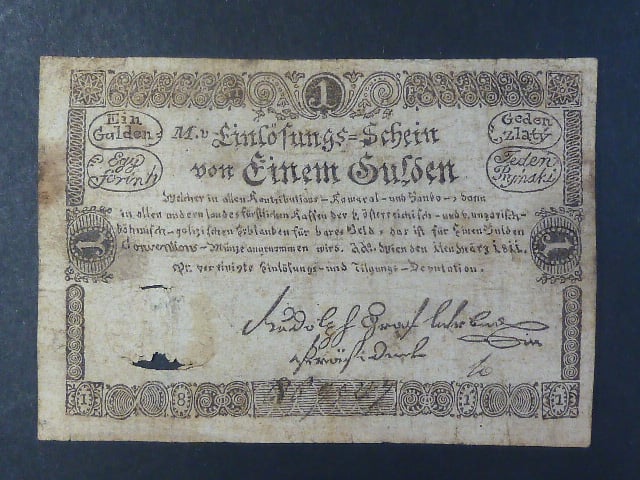 1 Gulden 1811 dobový tištěný padělek, falsum