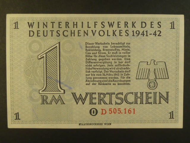 Winterhilfswerk 1934-1944 (Zimní pomoc), 1 RM 1941/1942 série D, Ro. 736, Grab. WHW-34