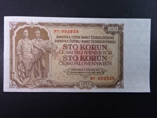 100 Kčs 1953 série HV, tiskárna STC Praha, perf. 3md do obloučku