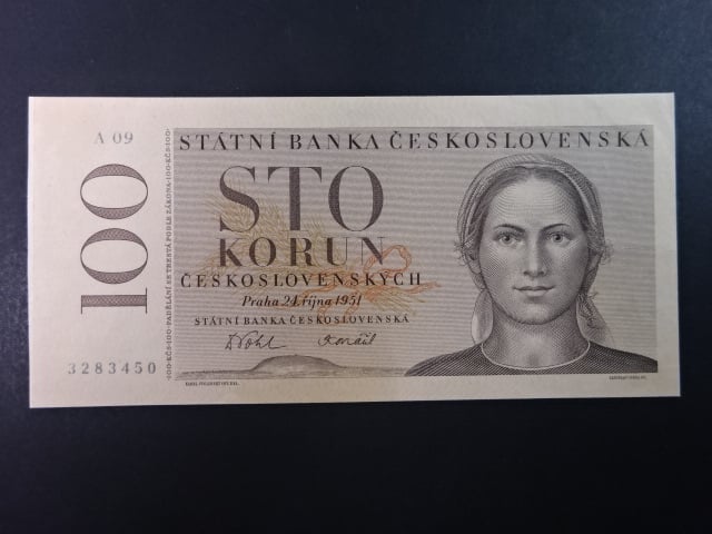 100 Kčs 24.10.1951 nevydaná, série A 09, původní exemplář