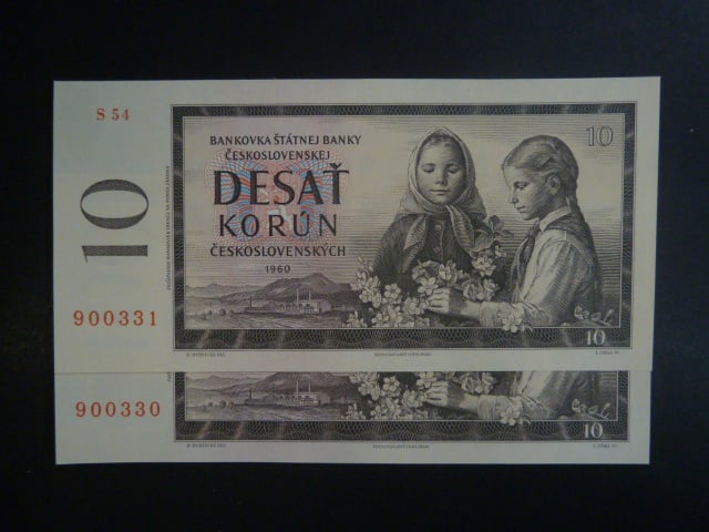 10 Kčs 1960 série S 54, dva kusy s čísly po sobě