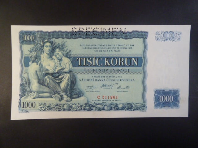 1000 Kč 1934 série C, 1x perf. SPECIMEN