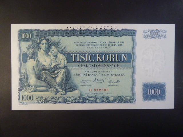 1000 Kč 1934 série G, 1x perf. SPECIMEN
