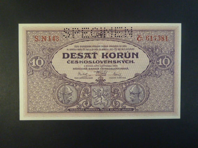 10 Kč 1927 série N 143, perf. SPECIMEN