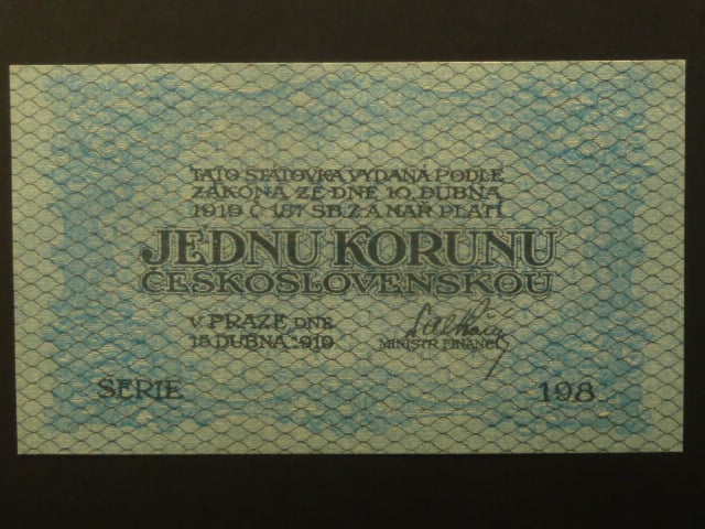 1 Kč 1919 série 198, modro-zelená