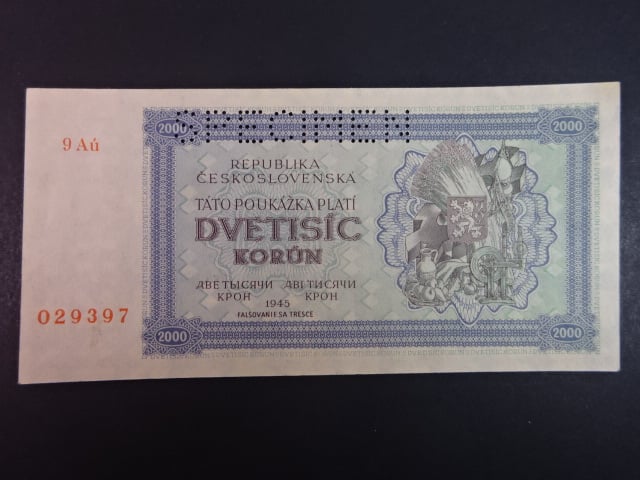 2000 K 1945 série 9 Aú, perf. SPECIMEN nahoře, poloha vodoznaku A